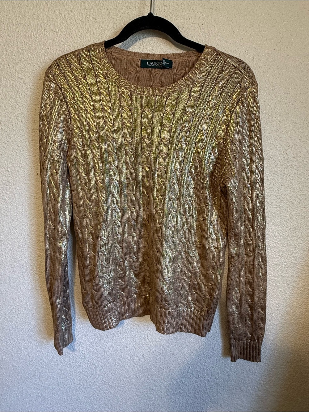 Ralph Lauren Metallic Cable-Knit Crewneck Sweater - Gold - Picture 2 of 6